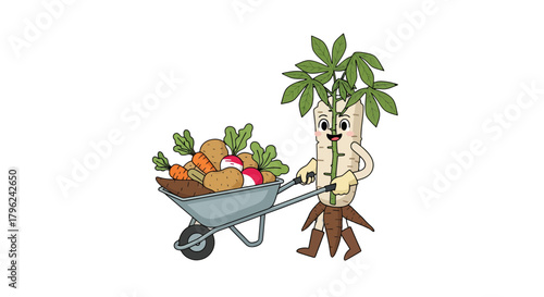 Cheerful Vegetable Character Pushing Wheelbarrow Full Of Freshly Harvested Produce