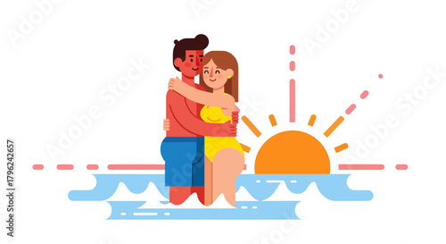 Couple Embracing On The Shoreline, Sunset Silhouette, Love, Happiness, Connection