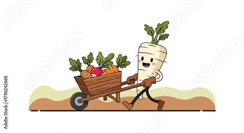 Cheerful Vegetable Character Harvesting Fresh Produce With Wheelbarrow Across Ground Scene