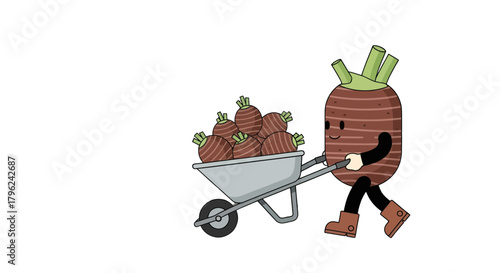 Cheerful Vegetable Character Pushing Wheelbarrow Loaded With Harvested Produce