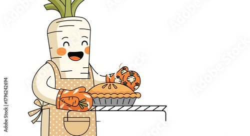 Cheerful Vegetable Character Serving Freshly Baked Pie on a Black Background