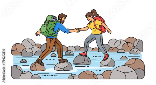 Couple Hiking a River Crossing, Teamwork, Nature, Support and Illustration Adventure