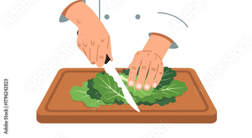 Chef Chopping Fresh Green Leafy Vegetables on a Wooden Cutting Board for Culinary Prep