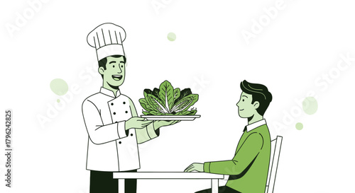 Chef Delivering Fresh Salad to Customer in Minimalist Illustration on Black Background