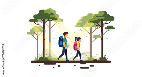 Couple Hiking Through Forest Illuminated By Dramatic Sunlight On Adventure Journey