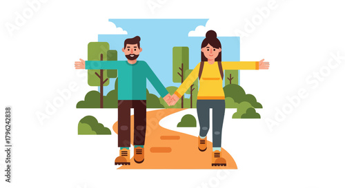 Couple Hiking Together Sharing a Moment of Unity on a Nature Trail, Perfect Illustration