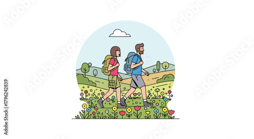 Couple Hiking Through Vibrant Blooming Field Under a Cloudy Sky, Nature Adventure
