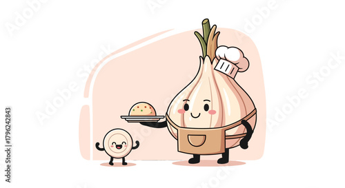 Chef Garlic And Plate Preparing Delicious Food With Humorous And Cheerful Design