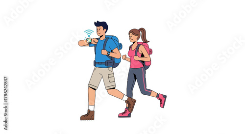 Couple Hiking Together Tracking Route Via Smartwatch in the Wilderness Scenario