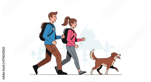 Couple Hiking With Dog Amidst Mountain Scene In Vector Style With Black Background