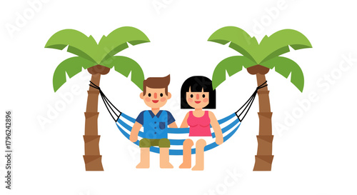 Couple In Hammock Enjoying Tropical Vacation With Palm Trees On Black Background