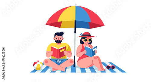 Couple Lounging Under Beach Umbrella Reading Books Enjoying Relaxation and Calmness