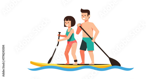 Couple Paddling on Paddleboard Enjoying Water Sports Activities on the Lake or the Ocean