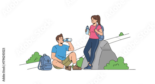 Couple Pauses Hiking To Hydrate, Resting Amongst Greenery On Their Outdoor Journey