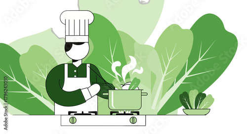 Chef Prepares Fresh Vegetables In A Pot With Green Background For Healthy Cooking