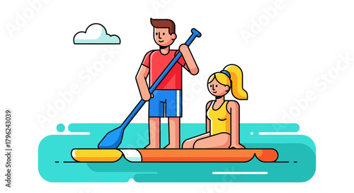 Couple Paddling Together on Paddleboard in Peaceful Waters Under a Cloud