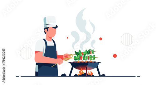 Chef Prepares Grilled Skewers Over Hot Coals Against a Black Background Illustration