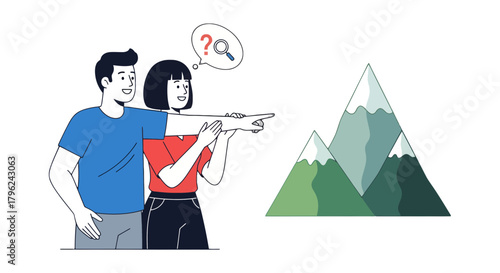 Couple Planning Journey Observing Peaks And Seeking Expedition Adventure Together