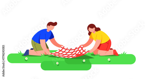 Couple Preparing Picnic Blanket On Green Grass, Ready For Meal Outdoors Recreation