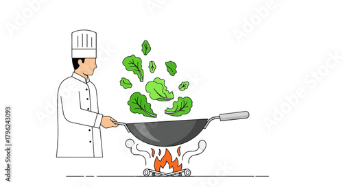 Chef Preparing Fresh Green Vegetables in a Wok Over Flames on A Black Background
