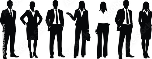 Silhouette group of business professionals standing in formal corporate attire, representing teamwork, leadership, office staff, collaboration, diversity, and professional workforce