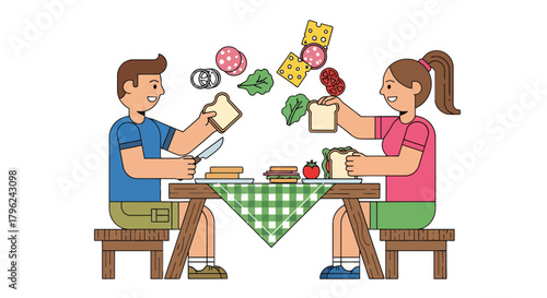 Couple Preparing Tasty Sandwiches At Picnic Table For A Delicious Outdoor Meal