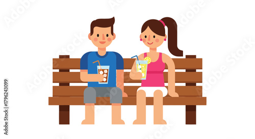 Couple Refreshing Drinks, Casual Moment on a Bench, Leisurely Activity with Beverages on Black
