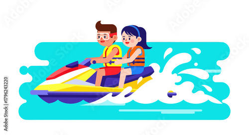 Couple Riding a High Speed Jet Ski on the Water with Great Adventure and Fun