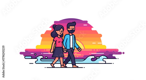 Couple Strolling Along Beach at Sunset, Simple Design, Cartoon, Minimalist Style