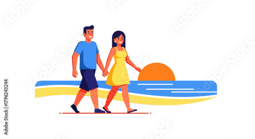 Couple Strolling Along Golden Shoreline During Sunset with Blissful Moments