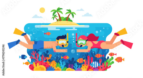 Couple Snorkeling Near a Tropical Island Exploring Underwater Marine Life and Corals
