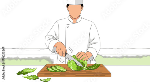 Chef Preparing Fresh Vegetables On A Wooden Board With Black Background Illustration