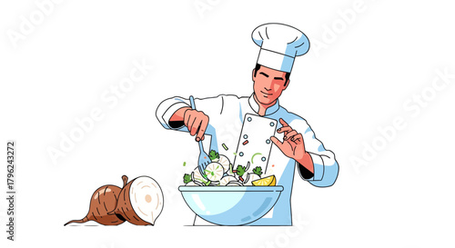 Chef Preparing Gourmet Salad, Culinary Artistry, Delightful Food Experience