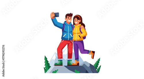 Couple Taking Selfie After Hiking With Mountain Background And Trees Illustration