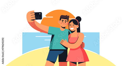 Couple Taking A Fun Selfie On Vacation, Enjoying The Sunset Together And Smiling