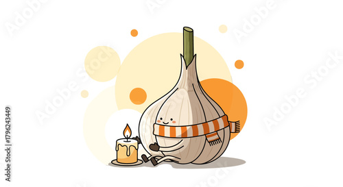 Cozy Garlic Character with a Scarf and a Candle Creating a Warm Ambiance