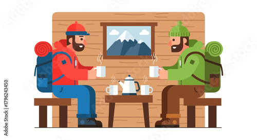 Cozy Cabin Scene: Friends Enjoying Coffee After a Mountain Trek Adventure Together