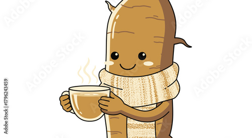 Cozy Root Vegetable Character Enjoying Warm Beverage with a Joyful Expression