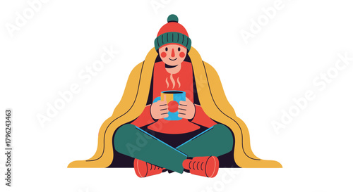 Cozy Illustration Depicting A Person Relaxing and Enjoying a Hot Beverage in Winter
