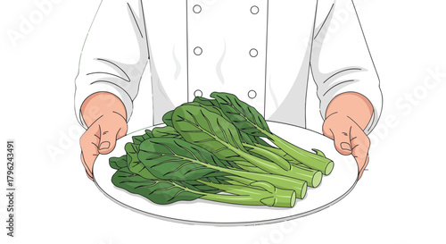 Chef Presenting Fresh Green Vegetables on a Plate, Ready for Culinary Creation