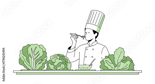 Chef Tasting Healthy Salad, Observing Flavors Of Organic Greens Before Serving