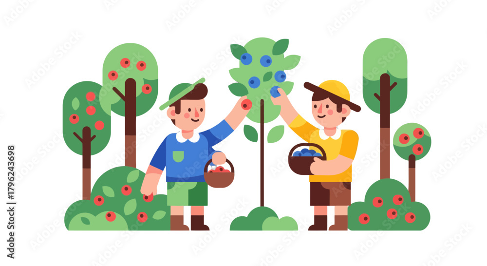 Fototapeta premium Children Harvesting Berries Presents Joyous Flat Illustration Against Black Backdrop