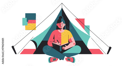 Creative Camping Concept Depicting a Person Writing or Journaling in a Tent Environment