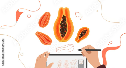Creative Digital Illustration Of Papaya And Its Components With Minimalistic Elements