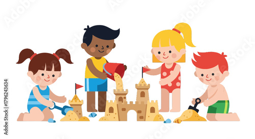 Children Building Sandcastle on a Beach, Playful Summer Vacation Activity Illustration