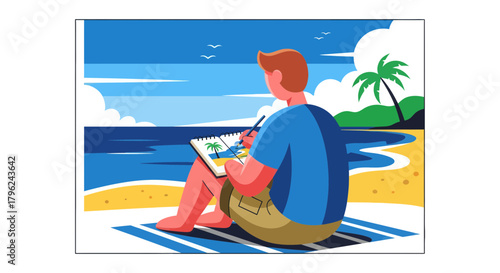 Creative Person Drawing Seaside Scene Capturing Natural Beauty And Coastal Elements