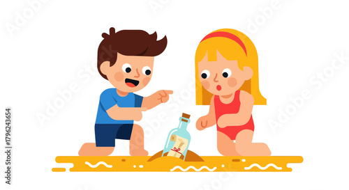 Children Discovering Message In A Bottle On A Sunny Beach, Vector Illustration
