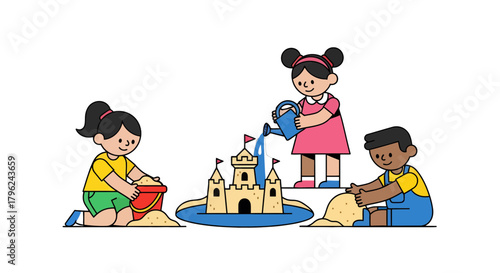 Children Building Sandcastle on Beach, Playful Childhood Moments, Digital Outline Design