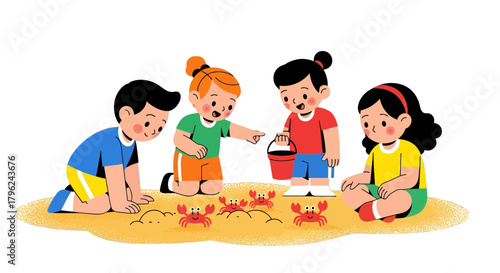 Children Exploring And Playing Beach Games With Crabs On Golden Sand Happy Moment