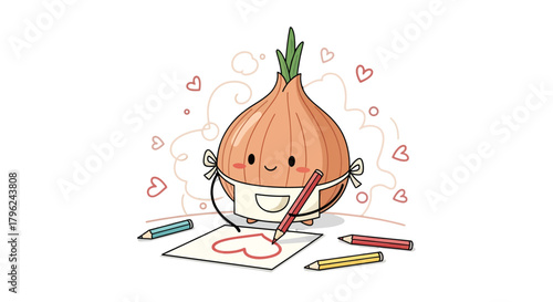 Cute Cartoon Onion Drawing a Love Heart and Preparing to Send its Positive Feelings